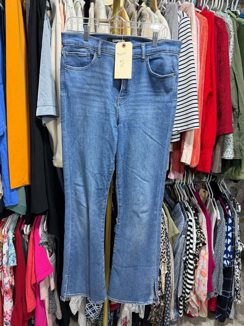 Express High Rise Boot Jeans Size 10/R Blue Stretch Denim Split Hem